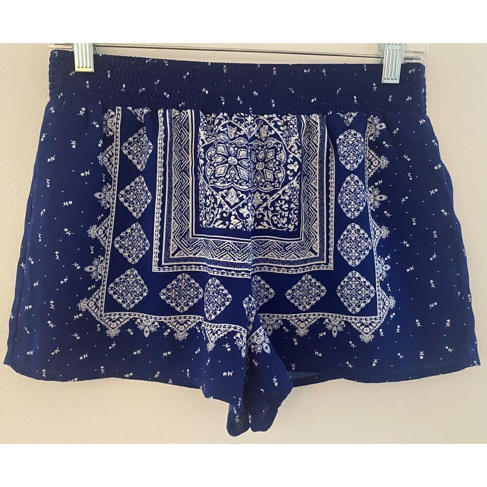 Blue White Patterned Elastic Waist Shorts Women's Juniors Size Medium